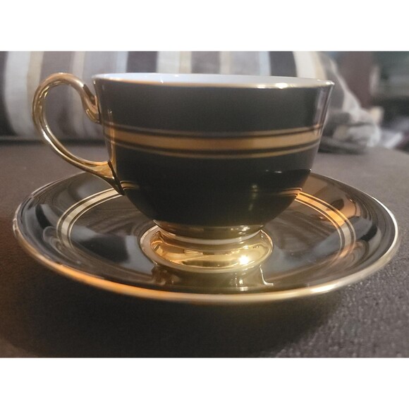 Aynsley England Bone China Tea Cup Saucer Shiny Black Gold stripe 1930s VTG - Picture 10 of 10